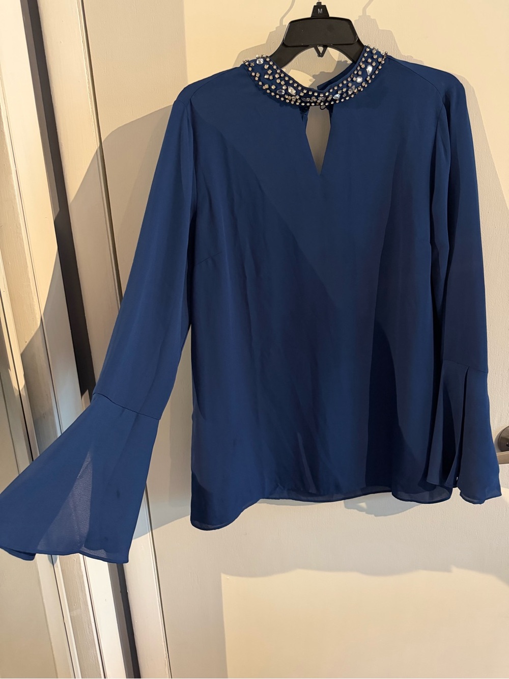 Hot in Hollywood Navy Blue Jeweled Collar Bell Sleeve Blouse
